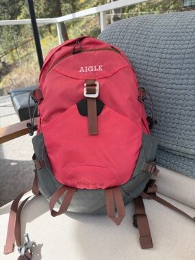 Aigle Red and Gray Outdoor Daypack with Brown Straps